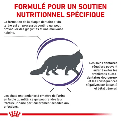Formulé pour un soutien nutritionnel spécifique. Conseils : formation de plaque dentaire, importance des soins dentaires réguliers, sensibilité urinaire chez les chats.