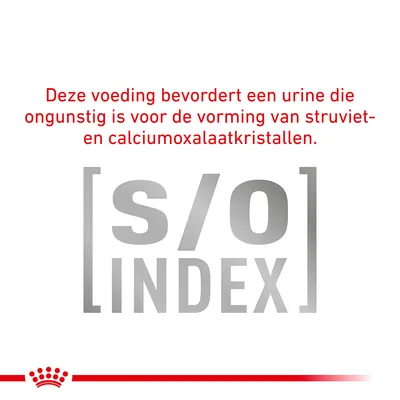 Deze voeding bevordert een urine die ongunstig is voor de vorming van struviet- en calciumoxalaatkristallen. s/o INDEX