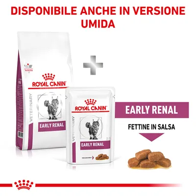 Royal Canin Early Renal per gatti, disponibile anche in versione umida. Confezione secca e bustina umida visibili, testo: Early Renal, Fettine in salsa.