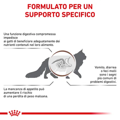 FORMULATO PER UN SUPPORTO SPECIFICO. Una funzione digestiva compromessa impedisce ai gatti di beneficiare dei nutrienti. Vomito, diarrea o feci molli sono segni comuni. Mancanza di appetito aumenta il rischio di perdita di peso.