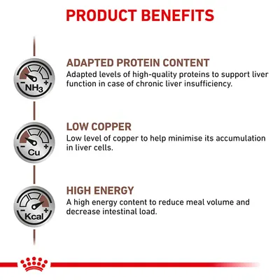 Product benefits: adapted protein content for liver support, low copper to minimise accumulation in liver cells, and high energy to reduce meal volume and intestinal load.