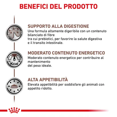 Benefici del prodotto: supporto alla digestione, moderato contenuto energetico, alta appetibilità. Testo in italiano con icone illustrative.