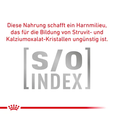 Текст на немецком: Diese Nahrung schafft ein Harnmilieu, das für die Bildung von Struvit- und Kalziumoxalat-Kristallen ungünstig ist. [s/o] INDEX