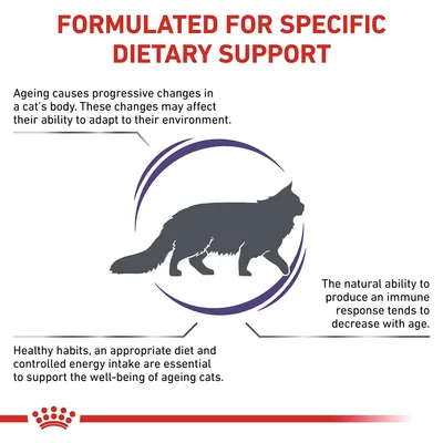 Formulated for specific dietary support: Ageing causes changes in a cat’s body, immune response decreases with age, and healthy habits plus controlled diet support ageing cats’ well-being.