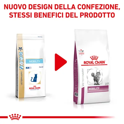 Nuovo design della confezione, stessi benefici del prodotto. Due sacchetti di Royal Canin Mobility per gatti a confronto: vecchia e nuova confezione visibili.