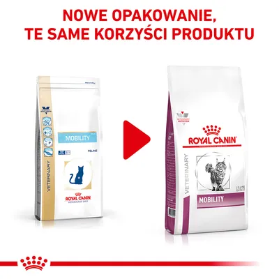 Nowe opakowanie karmy Royal Canin Mobility dla kotów. Po lewej stare opakowanie, po prawej nowe. Napis: Nowe opakowanie, te same korzyści produktu.