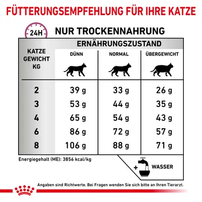 Fütterungsempfehlung für Katzen: Trockennahrung nach Gewicht und Ernährungszustand. Angaben in Gramm, Energiegehalt 3856 kcal/kg. Wasser hinzufügen. Bei Fragen Tierarzt konsultieren.