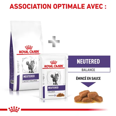 Royal Canin Expert Neutered Satiety Balance croquettes et Neutered Balance émincé en sauce pour chat, association optimale indiquée sur l’image.