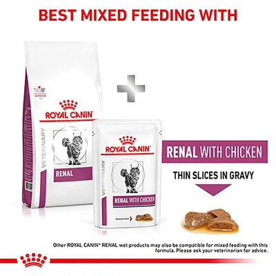 Mixed feeding recommendation showing Royal Canin Renal dry food and Renal with Chicken thin slices in gravy wet food, suitable for combining as part of a feeding plan.