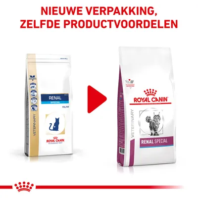 Royal Canin Renal Special kattenvoer: oude en nieuwe verpakking naast elkaar. Bovenaan staat: NIEUWE VERPAKKING, ZELFDE PRODUCTVOORDELEN.