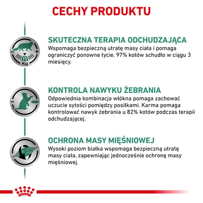 Cechy produktu: skuteczna terapia odchudzająca, kontrola nawyku żebrania, ochrona masy mięśniowej. Widoczne opisy i ikony dotyczące kotów oraz wskaźniki procentowe efektów. Cechy produktu: skuteczna terapia odchudzająca, kontrola nawyku żebrania, ochrona masy mięśniowej. Widoczne opisy i ikony dotyczące kotów oraz wskaźniki procentowe efektów.