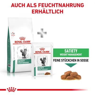 Royal Canin Satiety Weight Management, auch als Feuchtnahrung erhältlich. Feine Stückchen in Sosse, geeignet für veterinäre Ernährung.