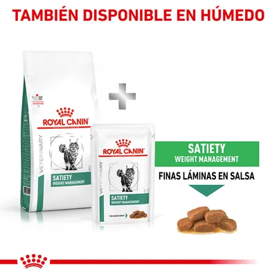Royal Canin Veterinary Satiety Weight Management para gatos, disponible en seco y húmedo. Finas láminas en salsa. Texto: TAMBIÉN DISPONIBLE EN HÚMEDO.