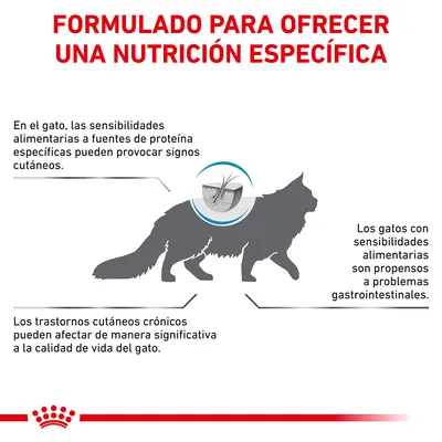 Formulado para ofrecer una nutrición específica. Sensibilidades alimentarias en gatos pueden causar signos cutáneos y problemas gastrointestinales. Trastornos cutáneos afectan su calidad de vida.