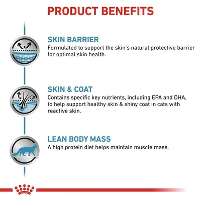 Produktfördelar: Skin Barrier, Skin & Coat, Lean Body Mass. Text på engelska om hudbarriär, näringsämnen för päls och hud samt hög proteinhalt för muskelmassa.