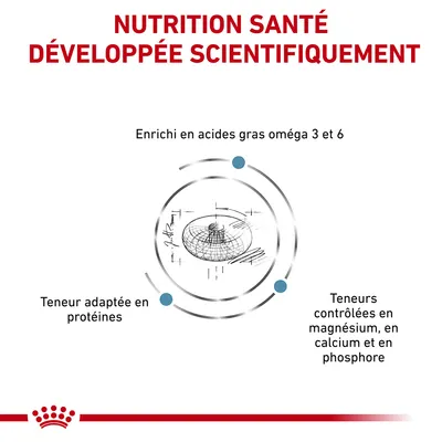 NUTRITION SANTÉ DÉVELOPPÉE SCIENTIFIQUEMENT. Enrichi en acides gras oméga 3 et 6, teneur adaptée en protéines, teneurs contrôlées en magnésium, calcium et phosphore.