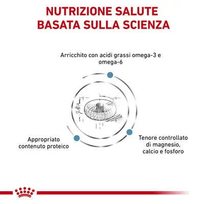 Nutrizione salute basata sulla scienza. Arricchito con acidi grassi omega-3 e omega-6, appropriato contenuto proteico, tenore controllato di magnesio, calcio e fosforo.