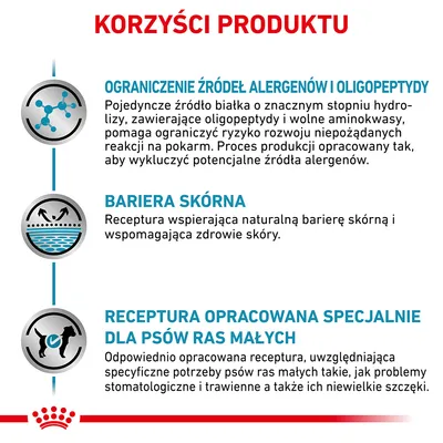 Korzyści produktu: ograniczenie źródeł alergenów i oligopeptydy, bariera skórna, receptura opracowana specjalnie dla psów ras małych. Szczegóły opisane pod każdym nagłówkiem.