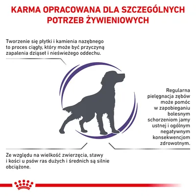 Karma opracowana dla szczególnych potrzeb żywieniowych. Informacje o pielęgnacji zębów, zapobieganiu chorobom jamy ustnej oraz obciążeniu stawów i kości u dużych i średnich psów.