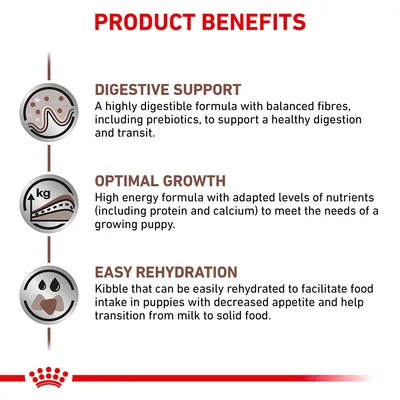 Product benefits: digestive support with balanced fibres and prebiotics, optimal growth with adapted nutrients, easy rehydration for transitioning from milk to solid food.