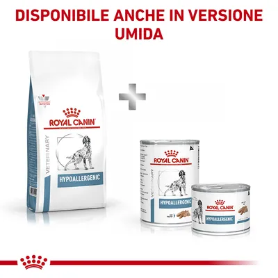 ROYAL CANIN Hypoallergenic Veterinary, crocchette e lattine umido per cani. Testo visibile: DISPONIBILE ANCHE IN VERSIONE UMIDA.