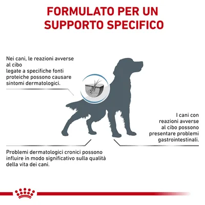 FORMULATO PER UN SUPPORTO SPECIFICO. Nei cani, le reazioni avverse al cibo possono causare sintomi dermatologici e problemi gastrointestinali. Problemi dermatologici influenzano la qualità di vita.