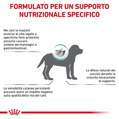 FORMULATO PER UN SUPPORTO NUTRIZIONALE SPECIFICO. Nei cani le reazioni avverse al cibo possono causare sintomi dermatologici e gastrointestinali. Le difese naturali dei cuccioli necessitano supporto.