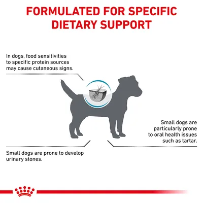 FORMULATED FOR SPECIFIC DIETARY SUPPORT. In dogs, food sensitivities to specific protein sources may cause cutaneous signs. Small dogs are prone to urinary stones and oral health issues such as tartar.