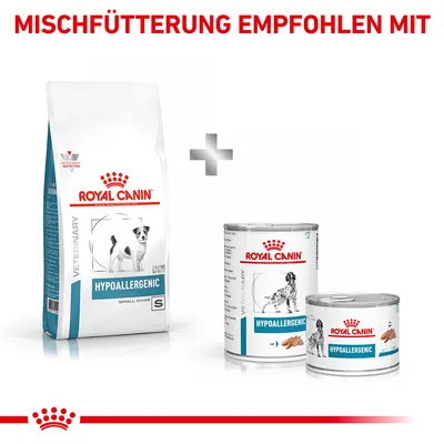Royal Canin Hypoallergenic für kleine Hunde. Mischfütterung empfohlen mit Trockenfutter und Nassfutter. Verpackungen zeigen Produktnamen und Bilder von Hunden.