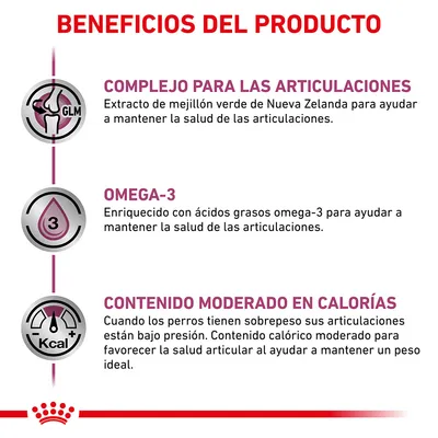 Beneficios del producto: complejo para las articulaciones con extracto de mejillón verde, omega-3 para la salud articular y contenido moderado en calorías para mantener el peso ideal. Beneficios del producto: complejo para las articulaciones con extracto de mejillón verde, omega-3 para la salud articular y contenido moderado en calorías para mantener el peso ideal.