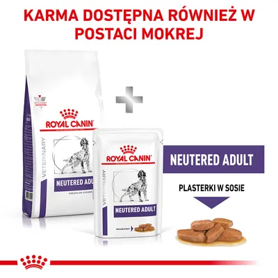 Royal Canin Veterinary Neutered Adult karma sucha i mokra, plasterki w sosie. Napis: Karma dostępna również w postaci mokrej.
