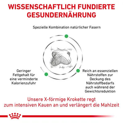 Wissenschaftlich fundierte Gesunderährung. Spezielle Kombination natürlicher Fasern. X-förmige Krokette regt intensives Kauen an, verlängert Mahlzeit, geringer Fettgehalt, essenzielle Nährstoffe.