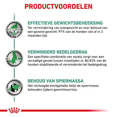 Productvoordelen: effectieve gewichtsbeheersing, verminderd bedelgedrag, behoud van spiermassa. 97% viel af in 3 maanden, bij 83% stabiliseerde of verminderde bedelgedrag.