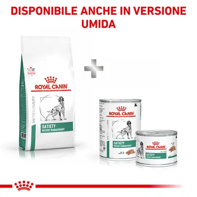 Royal Canin Satiety Weight Management secco e umido per cani. Testo visibile: Disponibile anche in versione umida.