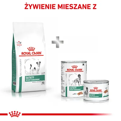 Żywienie mieszane: karma sucha Royal Canin Satiety Weight Management Small Dogs oraz puszki Royal Canin Satiety Weight Management. Widoczne opakowania i nazwy produktów.