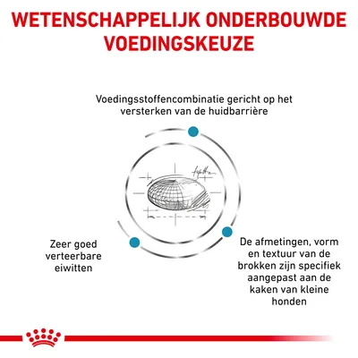 Wetenschappelijk onderbouwde voedingskeuze: combinatie van voedingsstoffen voor huidbarrière, zeer goed verteerbare eiwitten, brok aangepast aan kaken van kleine honden.