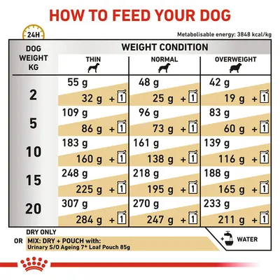Feeding guide showing daily dry and mixed food amounts for dogs by weight and condition: thin, normal, overweight. Includes mixing instructions with Urinary S/O Ageing 7+ Loaf Pouch 85g.