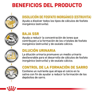 Beneficios del producto: disolución de fosfato inorgánico (estruvita), baja SSR, dilución urinaria y control de la formación de sarro. Explicaciones detalladas incluidas.