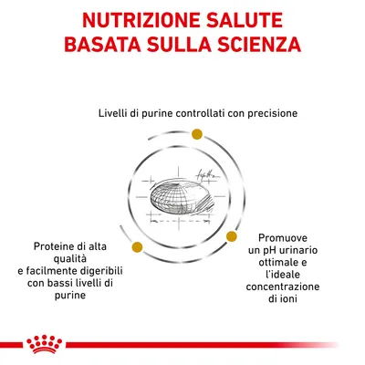 Nutrizione salute basata sulla scienza. Livelli di purine controllati con precisione. Proteine di alta qualità e facilmente digeribili con bassi livelli di purine. Promuove un pH urinario ottimale e l’ideale concentrazione di ioni.
