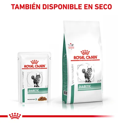 Royal Canin Veterinary Diabetic para gatos, disponible en formato húmedo y seco. Texto visible: 'TAMBIÉN DISPONIBLE EN SECO', 'THIN SLICES IN GRAVY'.