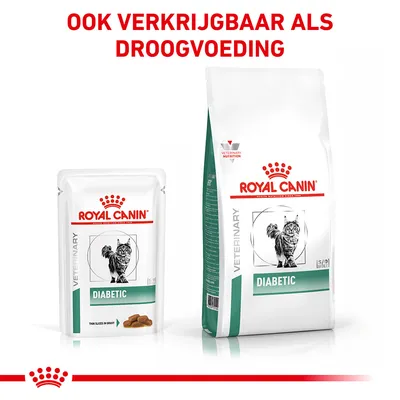 Royal Canin Veterinary Diabetic kattenvoer, nat- en droogvoeding verpakkingen zichtbaar. Tekst: Ook verkrijgbaar als droogvoeding.
