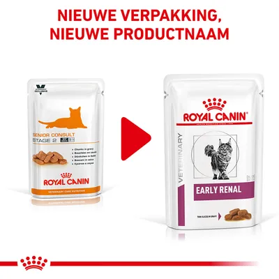 Royal Canin kattenvoer: oude verpakking 'Senior Consult Stage 2' wordt vervangen door nieuwe verpakking 'Early Renal'. Tekst: Nieuwe verpakking, nieuwe productnaam.