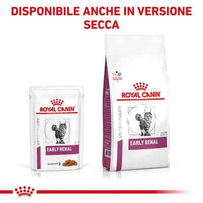 ROYAL CANIN VETERINARY Early Renal per gatti, bustina e sacco. Testo in alto: DISPONIBILE ANCHE IN VERSIONE SECCA.