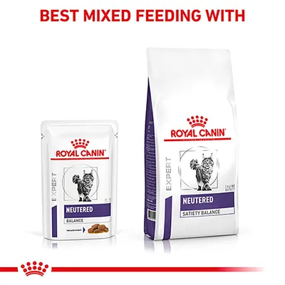 Best mixed feeding with Royal Canin Expert Neutered Balance wet food and Neutered Satiety Balance dry food, as shown on the packaging.
