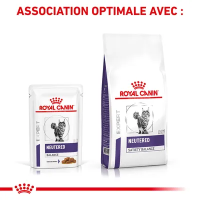 ROYAL CANIN EXPERT NEUTERED BALANCE sachet et NEUTERED SATIETY BALANCE sac, alimentation pour chat, texte visible : ASSOCIATION OPTIMALE AVEC