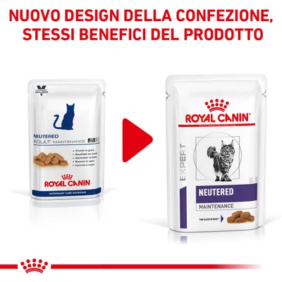 Confronto tra vecchia e nuova confezione Royal Canin Neutered Maintenance per gatti, con testo: 'Nuovo design della confezione, stessi benefici del prodotto'.