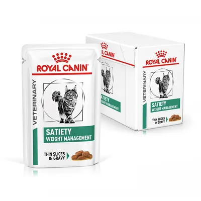 Royal Canin Veterinary Satiety Weight Management kattenvoer, thin slices in gravy. Verpakking en doos met afbeelding van kat en productnaam zichtbaar.