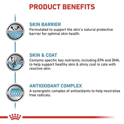 Produktfördelar: Skin Barrier, Skin & Coat samt Antioxidant Complex. Text på engelska om hudbarriär, näringsämnen för hud och päls samt antioxidantkomplex mot fria radikaler.