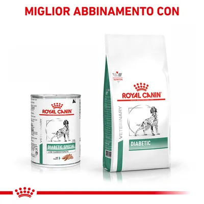 ROYAL CANIN Diabetic Special Low Carbohydrate umido e ROYAL CANIN Diabetic secco per cani, confezioni visibili con scritta 'MIGLIOR ABBINAMENTO CON' in alto.