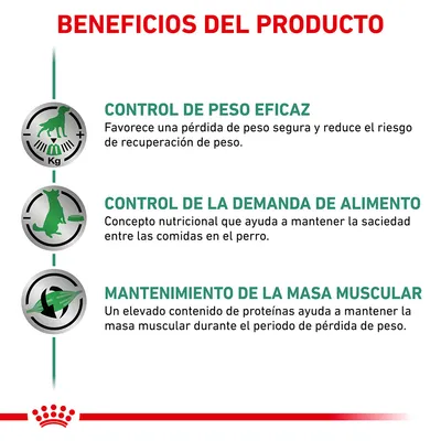 Beneficios del producto: control de peso eficaz, control de la demanda de alimento y mantenimiento de la masa muscular. Texto en español.